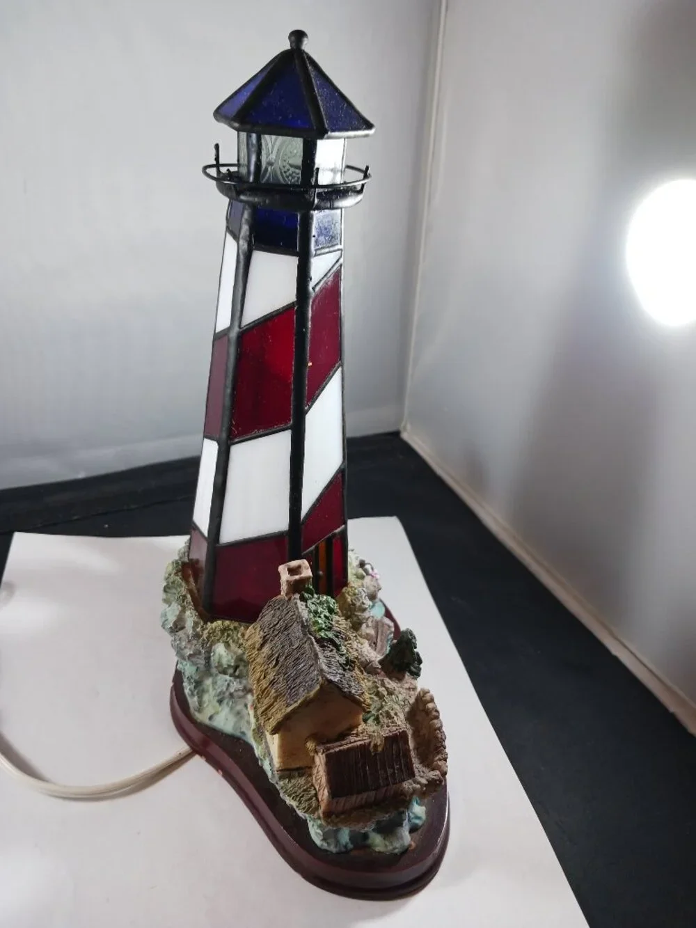 Vintage Stained Glass Lighthouse with Resin Houses on beach on Wood Base